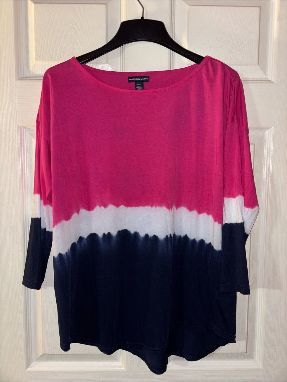 American Living Pink White Navy Tie-Dye Boatneck Top